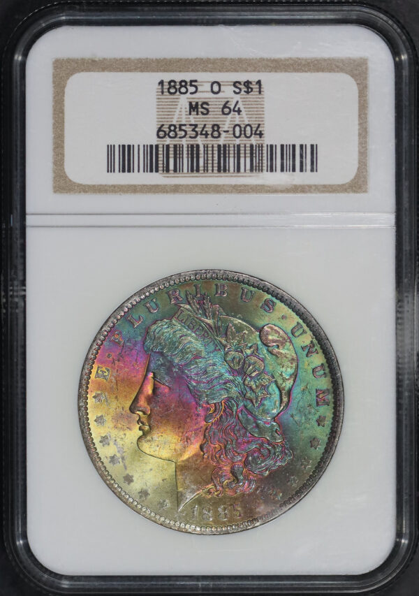 Obverse of this 1885-O Morgan Dollar NGC MS-64 Obverse Rainbow Toning