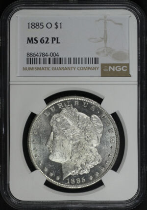 Obverse of this 1885-O Morgan Dollar NGC MS-62 PL