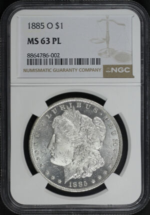 Obverse of this 1885-O Morgan Dollar NGC MS-63 PL