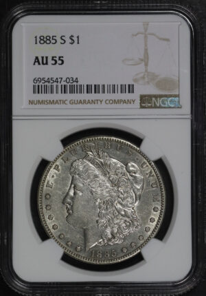 Obverse of this 1885-S Morgan Dollar NGC AU-55