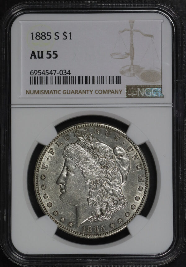 Obverse of this 1885-S Morgan Dollar NGC AU-55