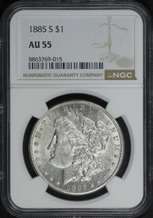 Obverse of this 1885-S Morgan Dollar NGC AU-55