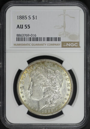 Obverse of this 1885-S Morgan Dollar NGC AU-55
