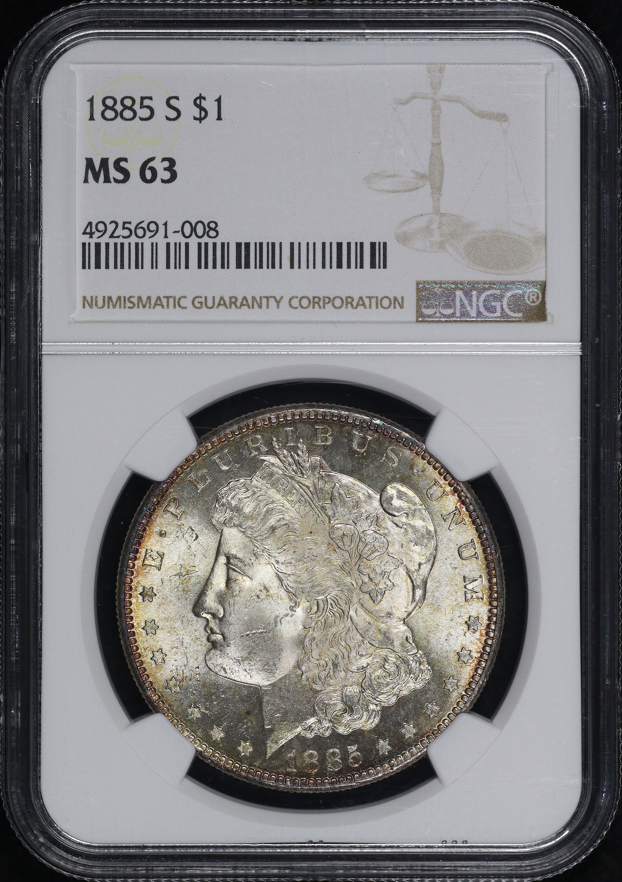 Obverse of this 1885-S Morgan Dollar NGC MS-63