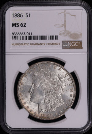 Obverse of this 1886 Morgan Dollar NGC MS-62 – Vivid Rainbow Reverse Crescent Toning