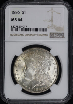 Obverse of this 1886 Morgan Dollar NGC MS-64 – Gold & Violet Hue Reverse Toning