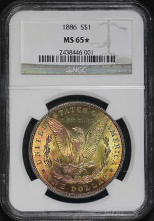 Obverse of this 1886 Morgan Dollar NGC MS-65★ Yellow & Red Toning