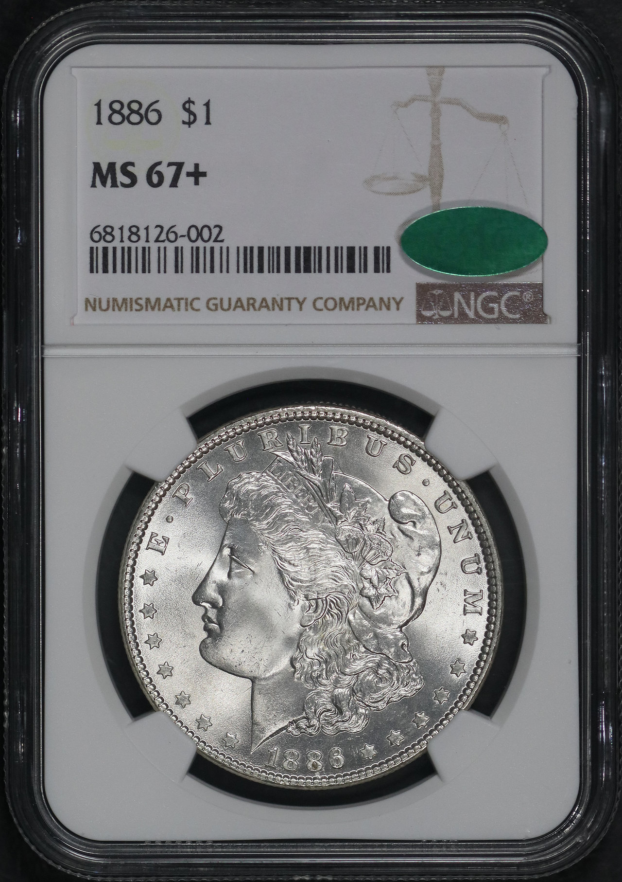 Obverse of this 1886 Morgan Dollar NGC MS-67+ CAC