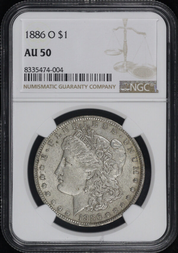 Obverse of this 1886-O Morgan Dollar NGC AU-50