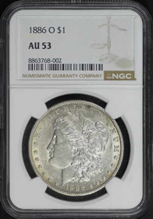 Obverse of this 1886-O Morgan Dollar NGC AU-53