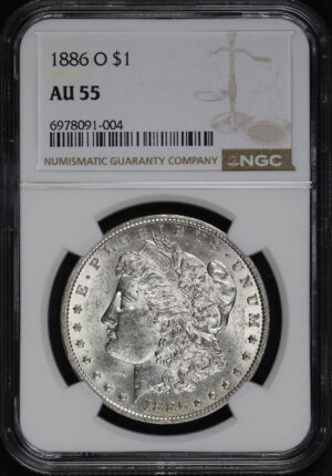 Obverse of this 1886-O Morgan Dollar NGC AU-55