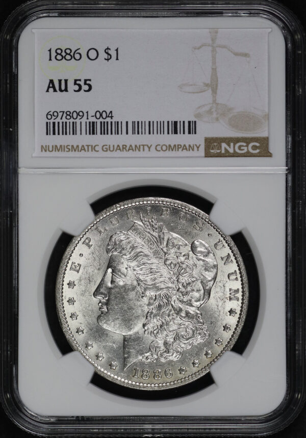 Obverse of this 1886-O Morgan Dollar NGC AU-55