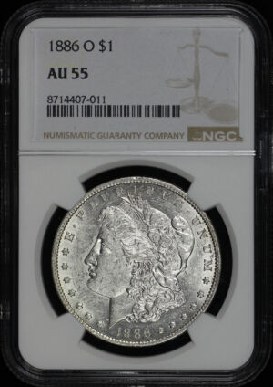Obverse of this 1886-O Morgan Dollar NGC AU-55