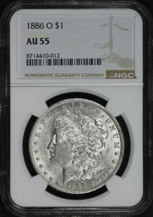 Obverse of this 1886-O Morgan Dollar NGC AU-55