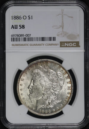 Obverse of this 1886-O Morgan Dollar NGC AU-58