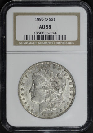 Obverse of this 1886-O Morgan Dollar NGC AU-58