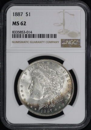 Obverse of this 1887 Morgan Dollar NGC MS-62 – Blue & Violet Obverse Crescent Toning