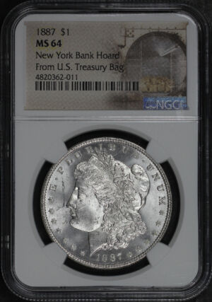 Obverse of this 1887 Morgan Dollar New York Bank Hoard From U.S. Treasury Bag NGC MS-64