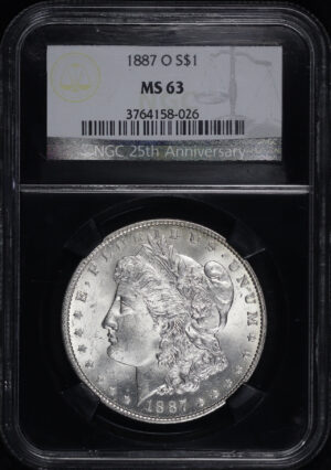 Obverse of this 1887-O Morgan Dollar NGC MS-63 Black Core 25th Anniversary Label