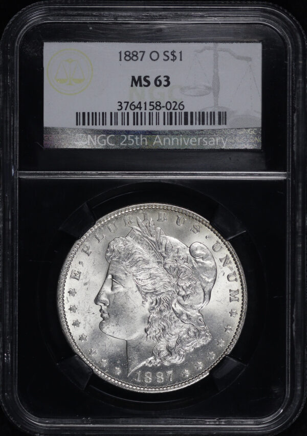 Obverse of this 1887-O Morgan Dollar NGC MS-63 Black Core 25th Anniversary Label