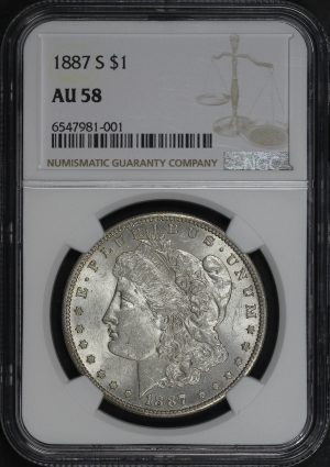 Obverse of this 1887-S Morgan Dollar NGC AU-58