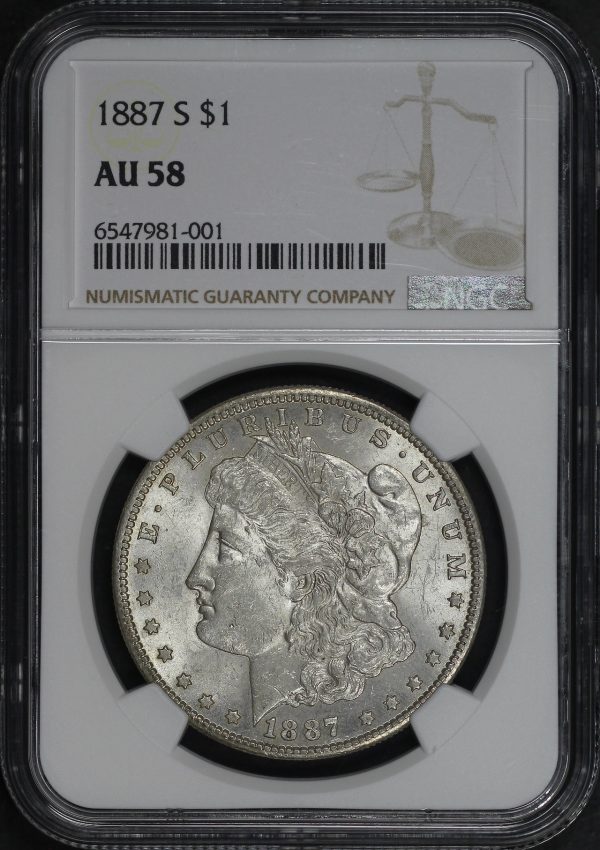 Obverse of this 1887-S Morgan Dollar NGC AU-58