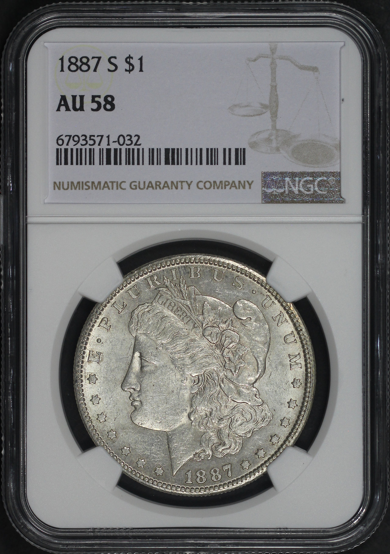 Obverse of this 1887-S Morgan Dollar NGC AU-58