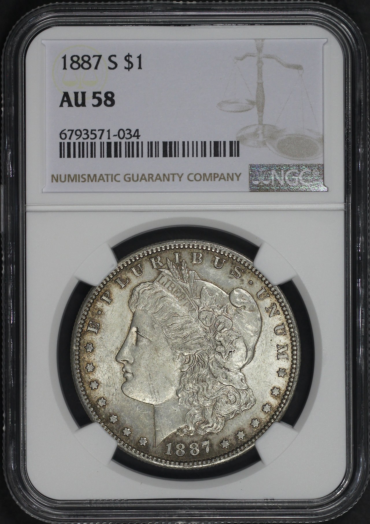 Obverse of this 1887-S Morgan Dollar NGC AU-58