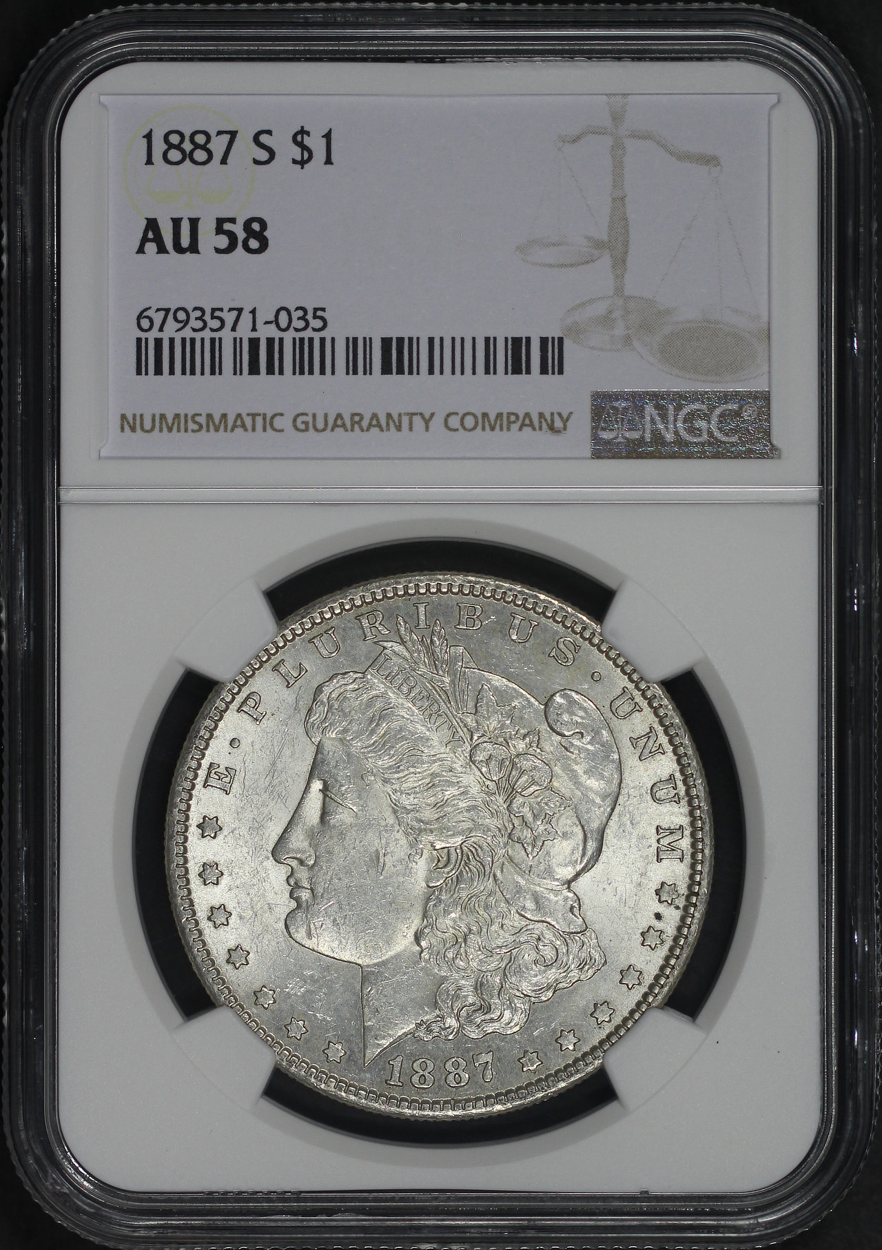 Obverse of this 1887-S Morgan Dollar NGC AU-58