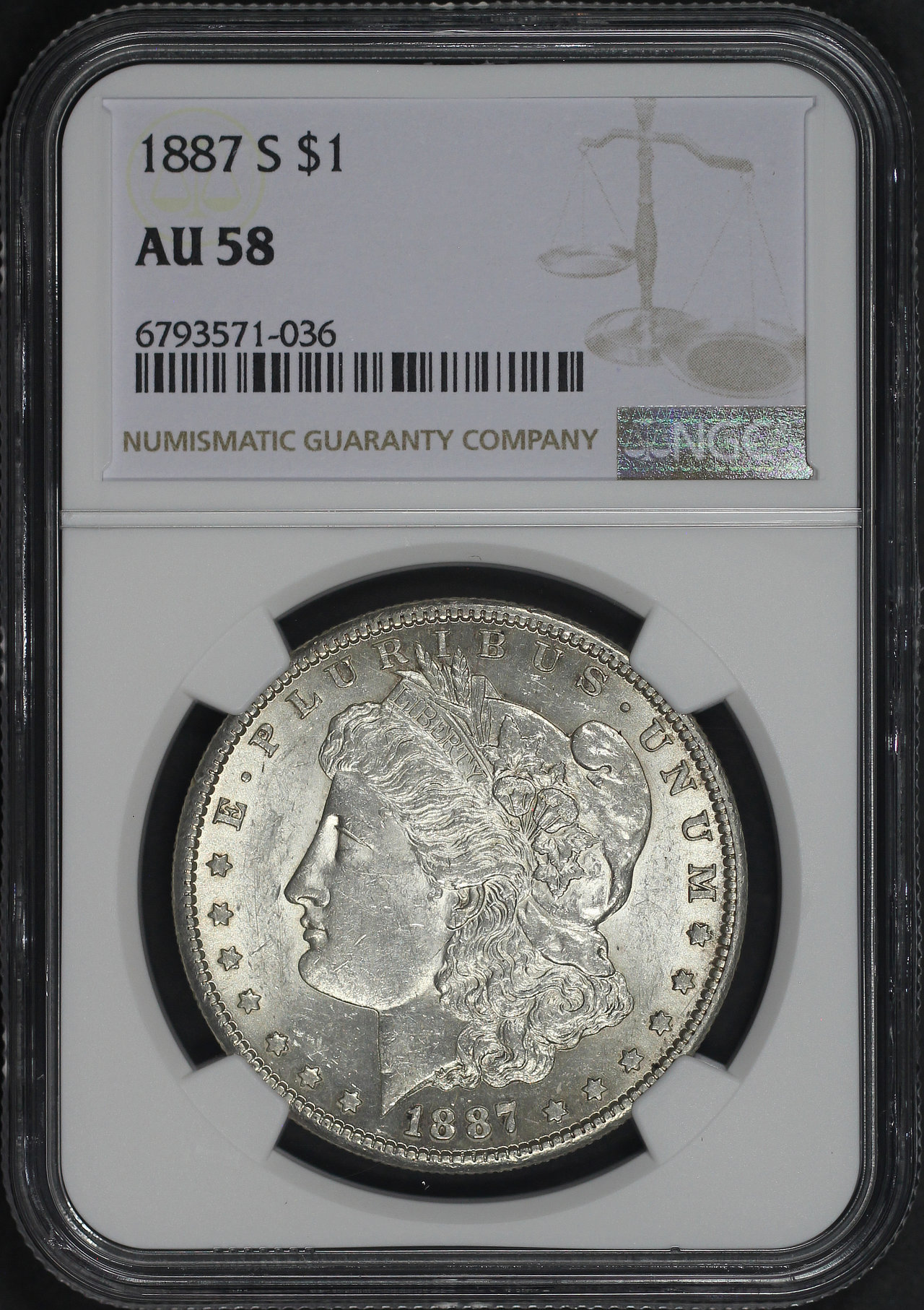 Obverse of this 1887-S Morgan Dollar NGC AU-58
