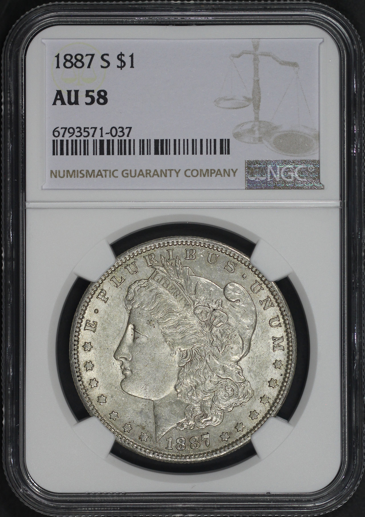 Obverse of this 1887-S Morgan Dollar NGC AU-58