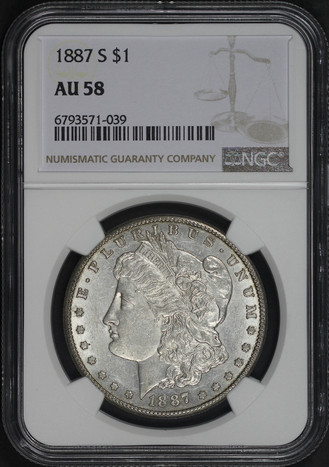 Obverse of this 1887-S Morgan Dollar NGC AU-58