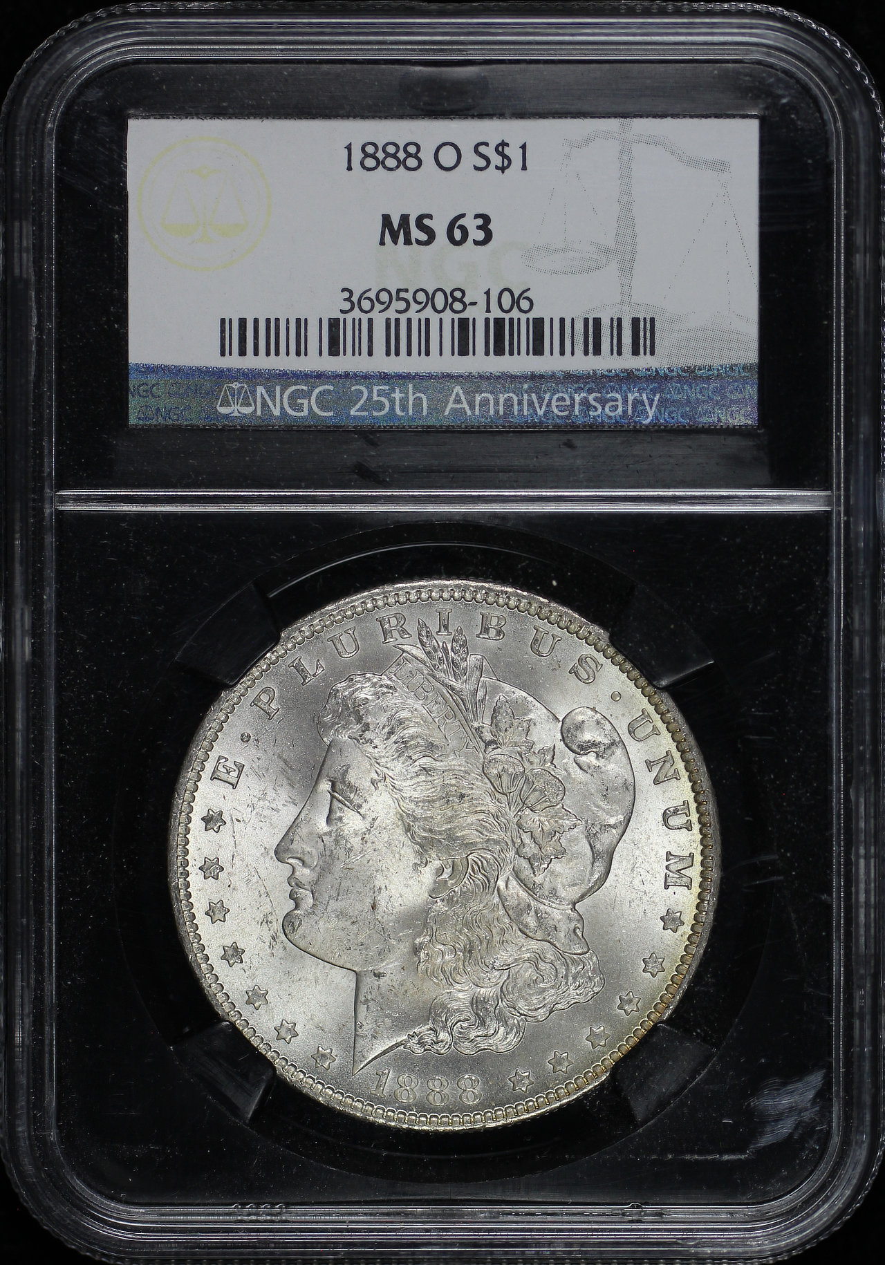Obverse of this 1888-O Morgan Dollar NGC MS-63 25th Anniversary Black Core