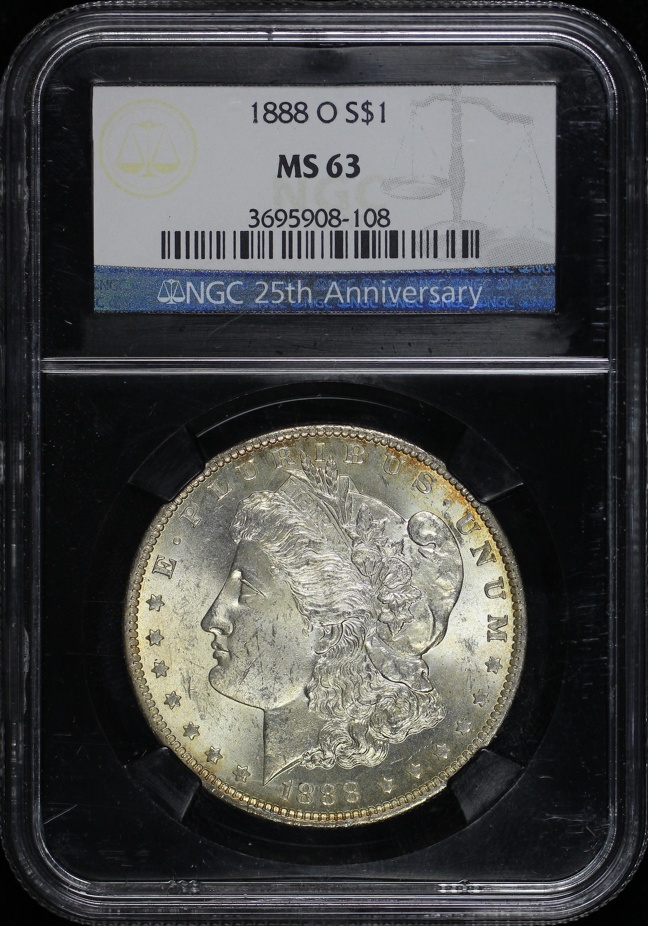Obverse of this 1888-O Morgan Dollar NGC MS-63 25th Anniversary Black Core