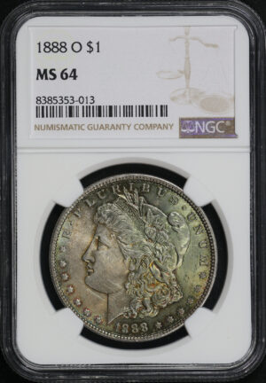 Obverse of this 1888-O Morgan Dollar NGC MS-64 Green & Crimson Hue Toning