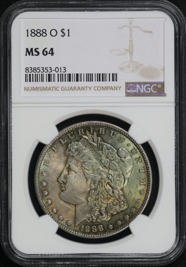 Obverse of this 1888-O Morgan Dollar NGC MS-64 Green & Crimson Hue Toning