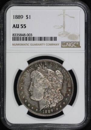 Obverse of this 1889 Morgan Dollar NGC AU-55 – Blue & Sunset Obverse Rim Toning, Reverse Looks PL