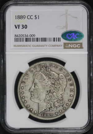Obverse of this 1889-CC Morgan Dollar NGC VF-30 CAC