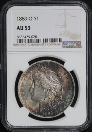 Obverse of this 1889-O Morgan Dollar NGC AU-53 – Blue & Violet Circular Crescent Obverse Toning
