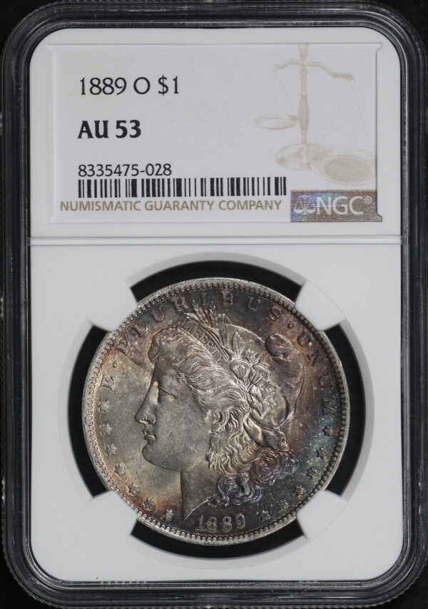 Obverse of this 1889-O Morgan Dollar NGC AU-53 – Blue & Violet Circular Crescent Obverse Toning