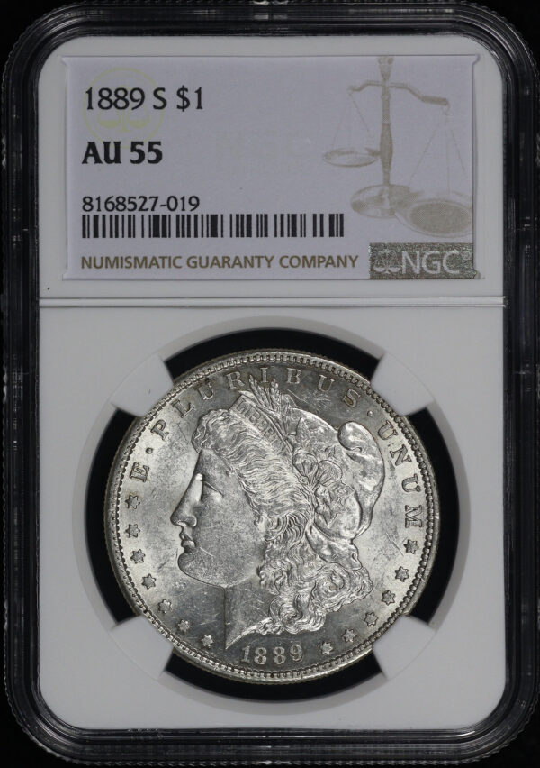 Obverse of this 1889-S Morgan Dollar NGC AU-55