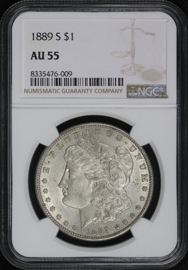 Obverse of this 1889-S Morgan Dollar NGC AU-55