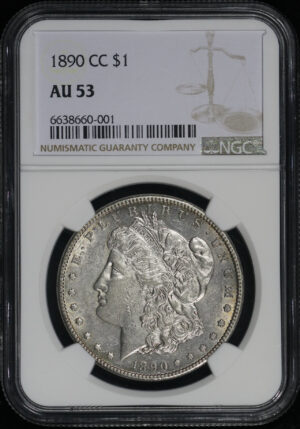 Obverse of this 1890-CC Morgan Dollar NGC AU-53