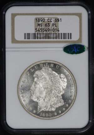 Obverse of this 1890-CC Morgan Dollar NGC MS-63 PL CAC