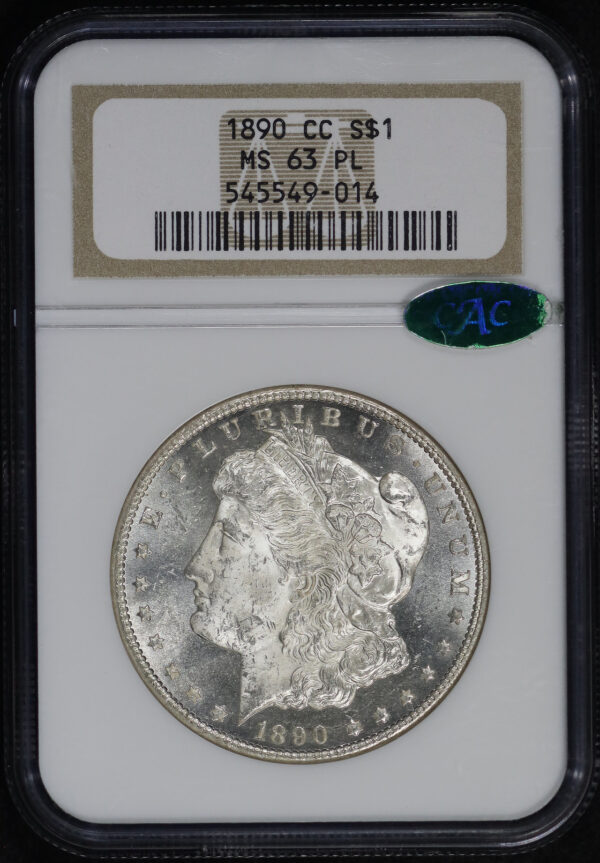 Obverse of this 1890-CC Morgan Dollar NGC MS-63 PL CAC