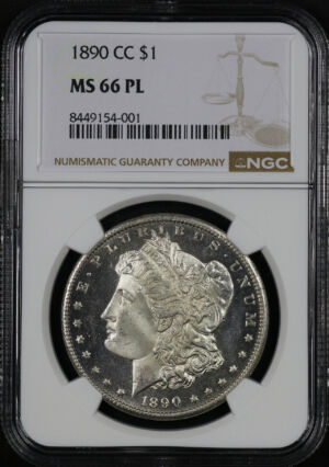 Obverse of this 1890-CC Morgan Dollar NGC MS-66 PL