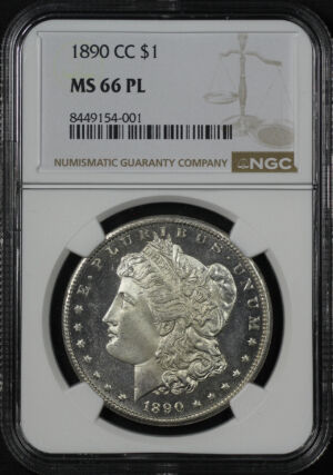Obverse of this 1890-CC Morgan Dollar NGC MS-66 PL