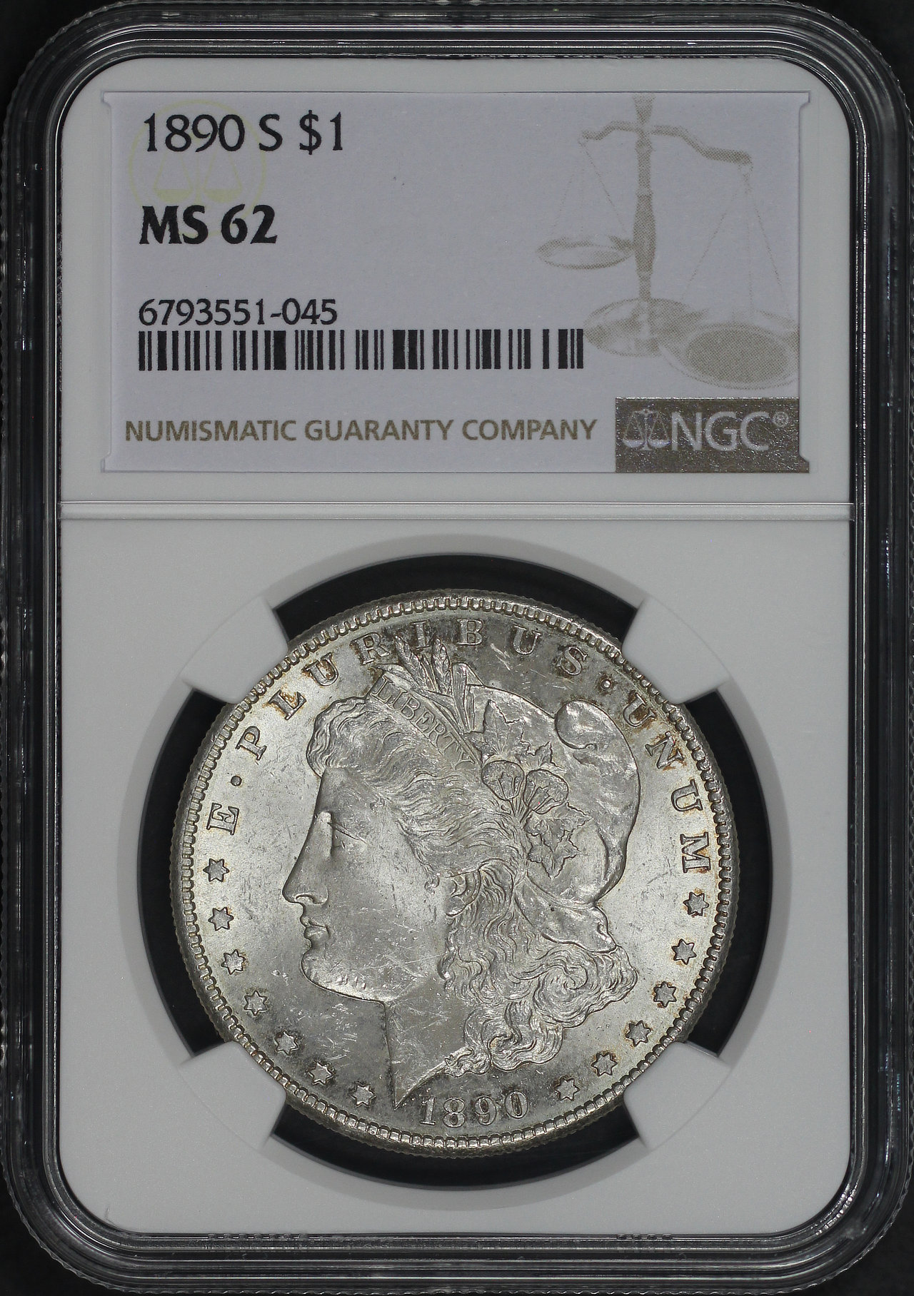 Obverse of this 1890-S Morgan Dollar NGC MS-62