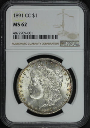 Obverse of this 1891-CC Morgan Dollar NGC MS-62
