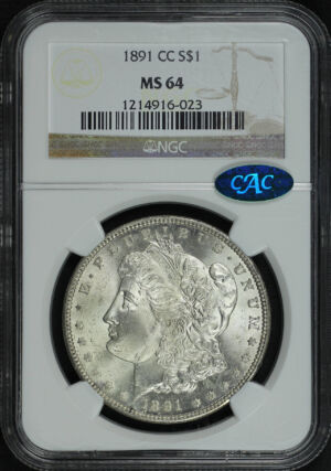 Obverse of this 1891-CC Morgan Dollar NGC MS-64 CAC